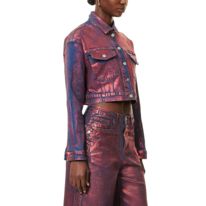 Red - Side - AmyLynn Womens-Ladies Metallic Denim Jacket