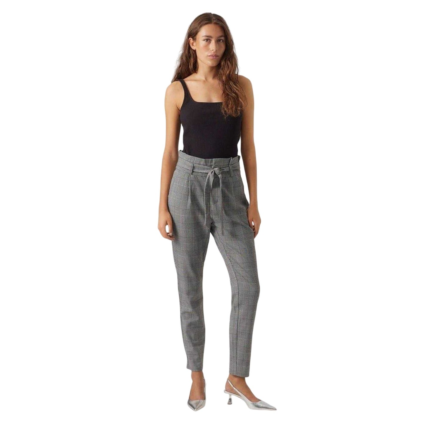 Grey - Lifestyle - Vero Moda Womens-Ladies Plaid Paperbag Petite Trousers