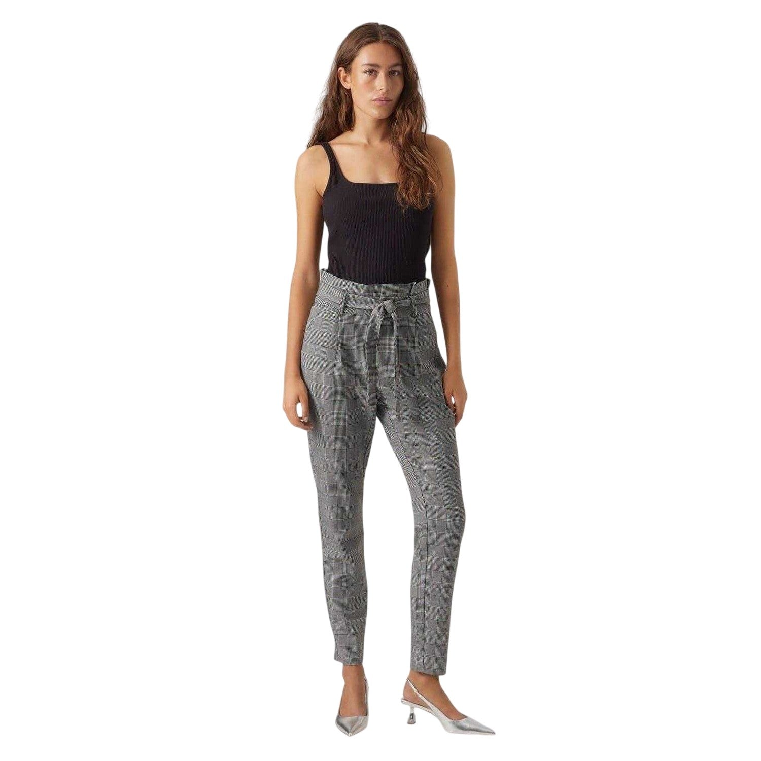 Grey - Lifestyle - Vero Moda Womens-Ladies Plaid Paperbag Petite Trousers