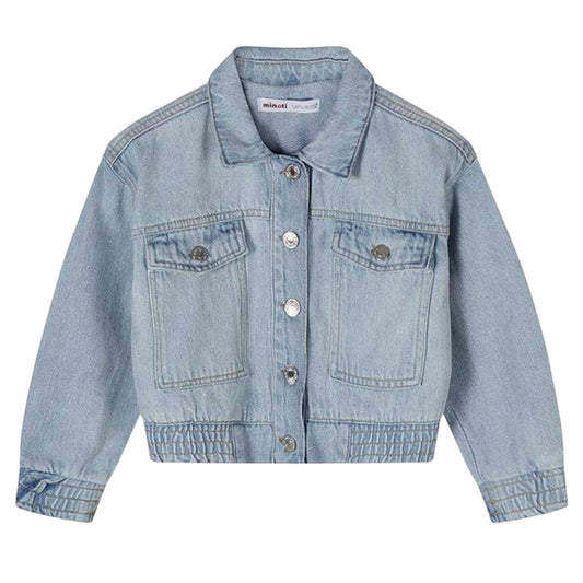 Light Blue - Front - Minoti Girls Denim Cropped Bomber Jacket
