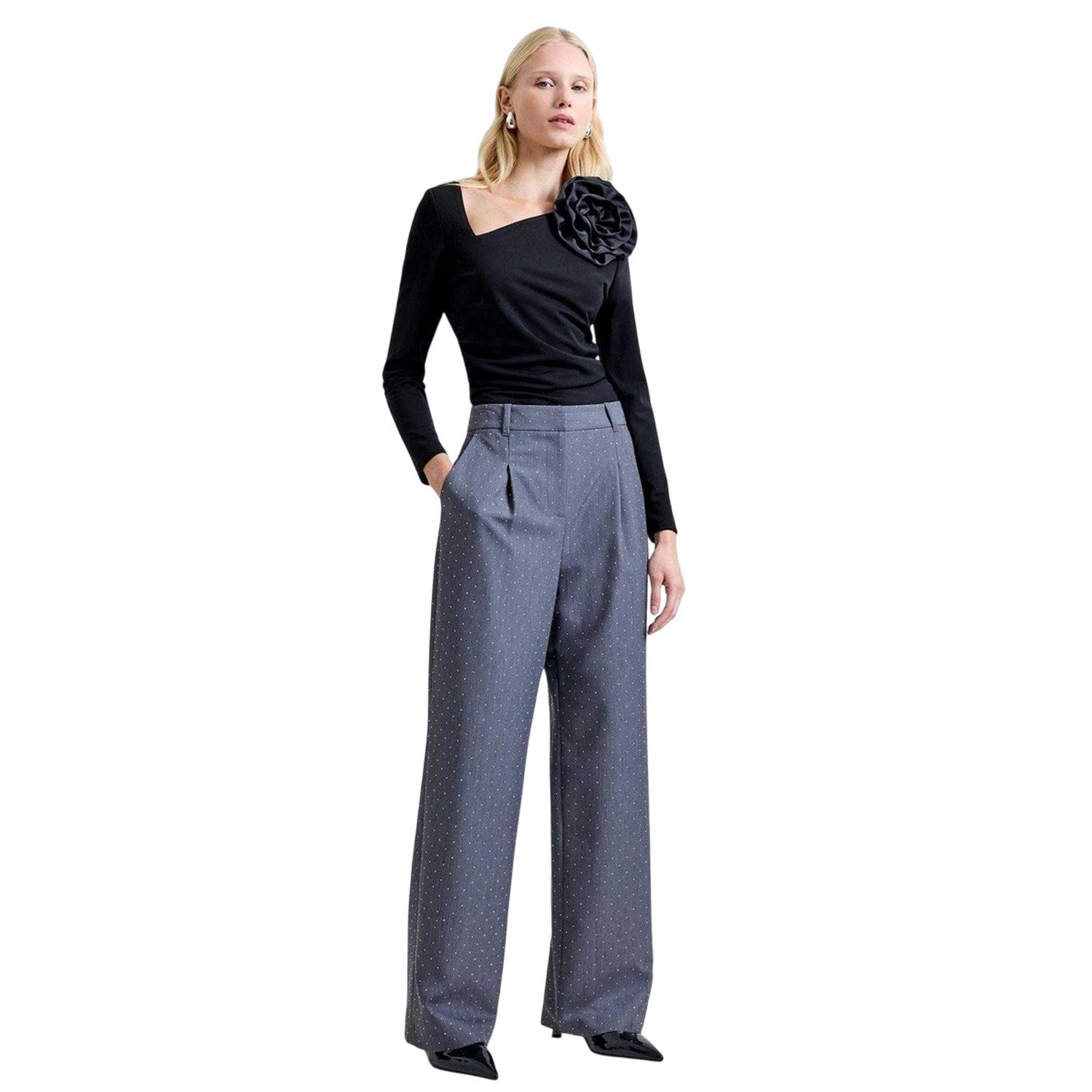 Grey - Pack Shot - French Connection Womens-Ladies Sherry Polka Dot Relaxed Fit Trousers