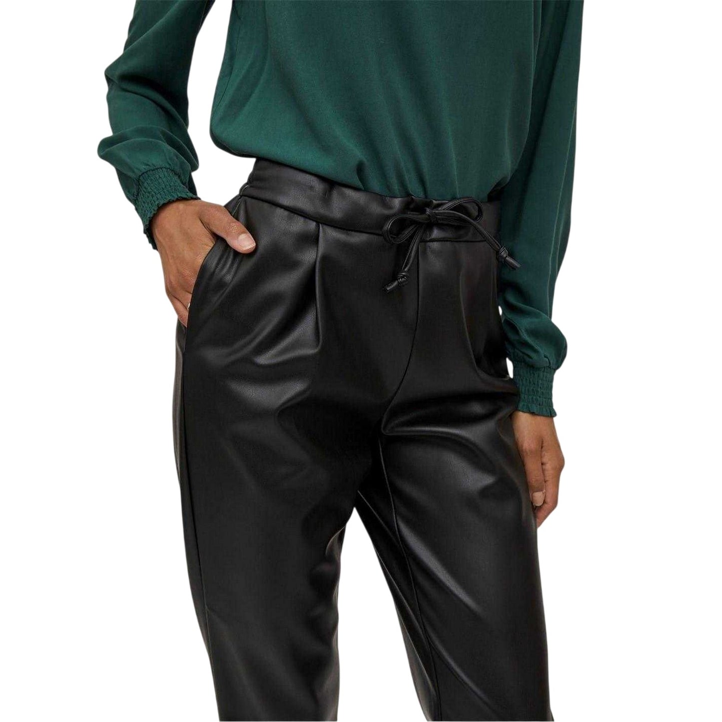 Black - Side - Vila Womens-Ladies Nille Coated Shine Trousers