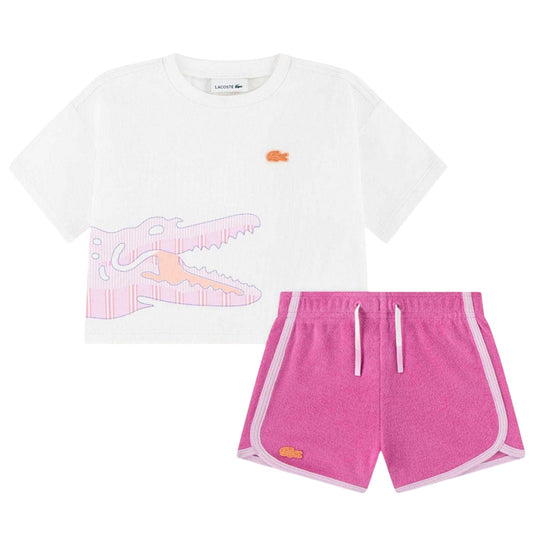 White-Pink - Front - Lacoste Baby Big Logo Cotton T-Shirt & Shorts Set