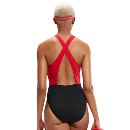 Black-Red - Back - Speedo Womens-Ladies Colour Block One Piece Swimsuit