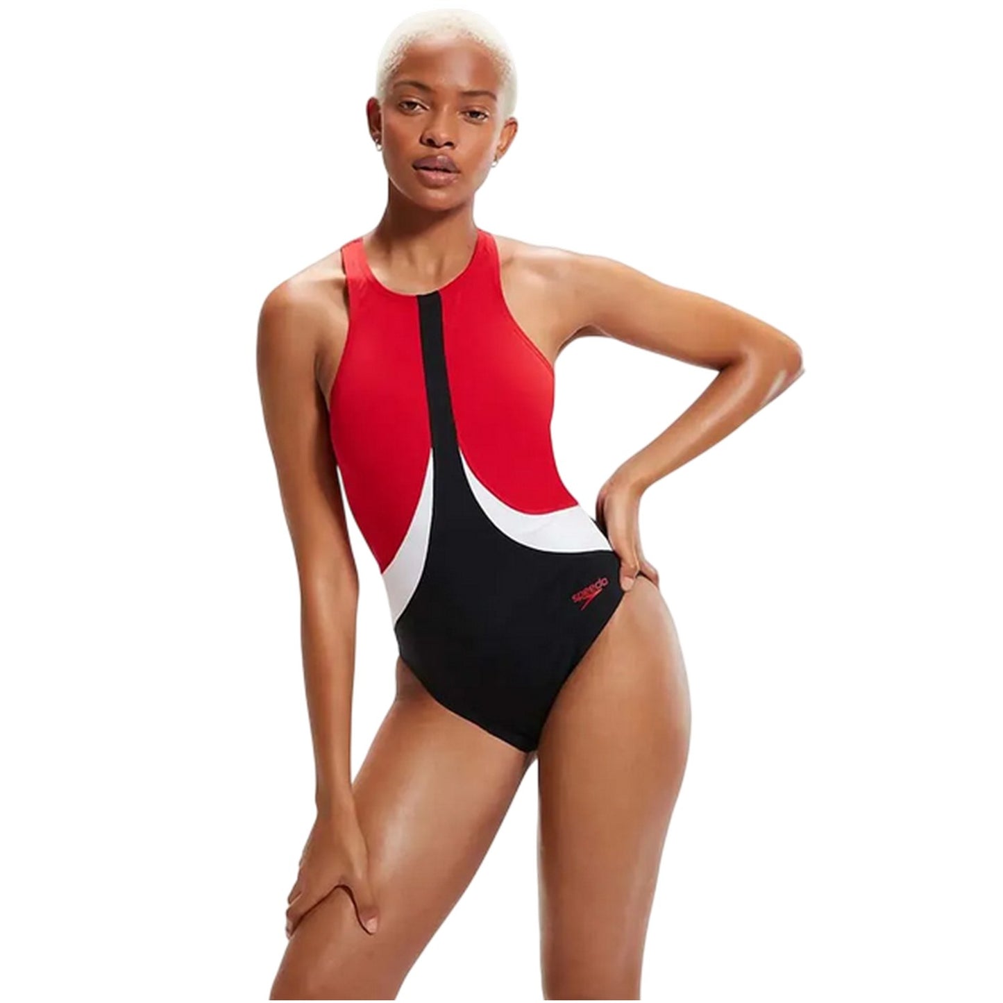 Black-Red - Pack Shot - Speedo Womens-Ladies Colour Block One Piece Swimsuit