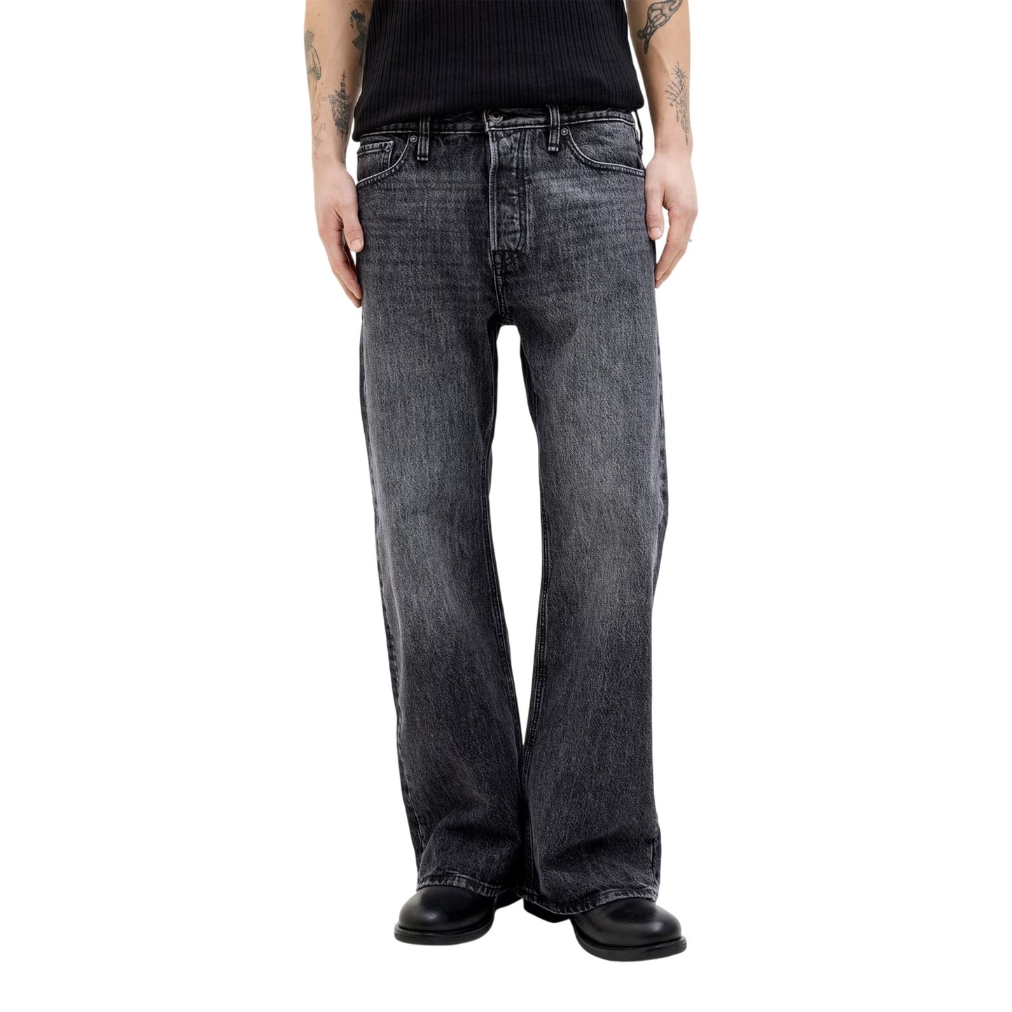 Black Denim - Side - Jack And Jones Mens Toby Coop Relaxed Wide Leg Jeans