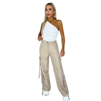 Stone - Side - AX Paris Womens-Ladies Plain Wide Leg Cargo Trousers