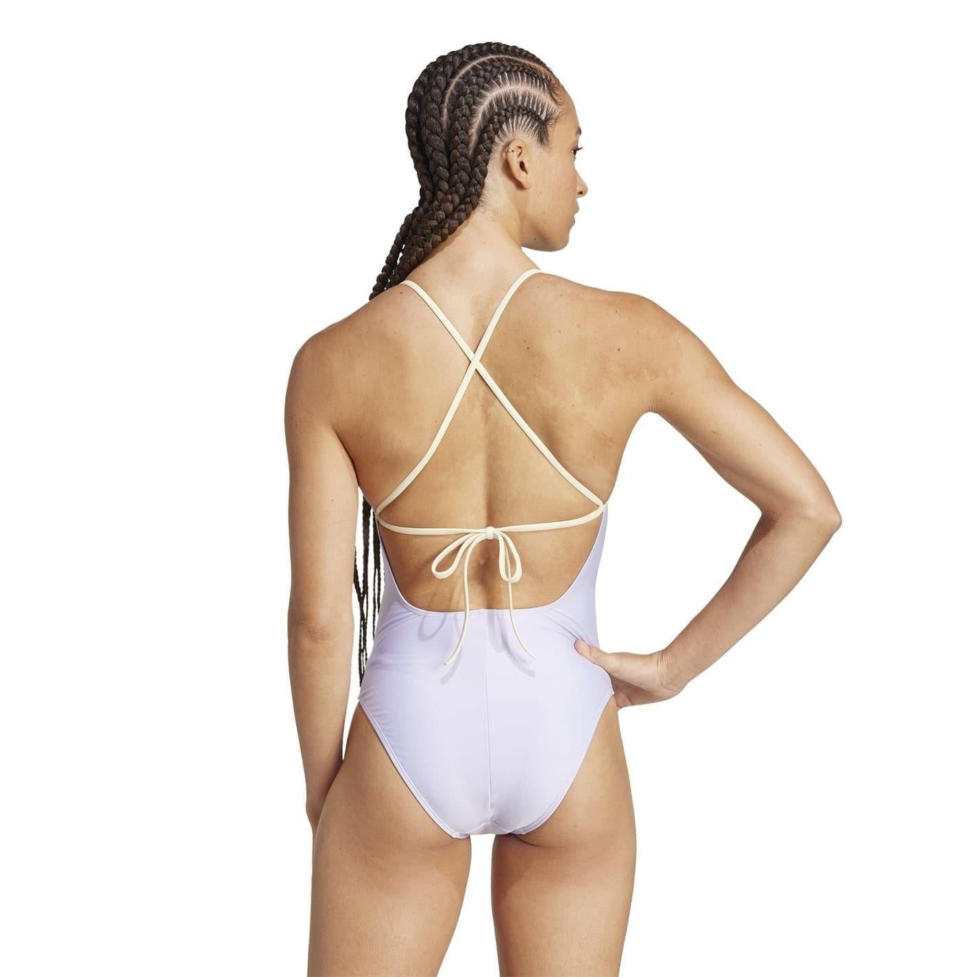 Violet - Back - Adidas Womens-Ladies Colour Block X Back One Piece Swimsuit