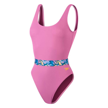 Pink - Front - Speedo Womens-Ladies Belted U-Back One Piece Swimsuit