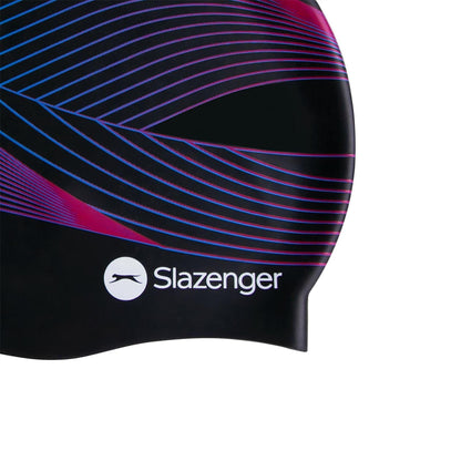 Black-Pink-Blue Print - Pack Shot - Slazenger Childrens-Kids Logo Swim Cap