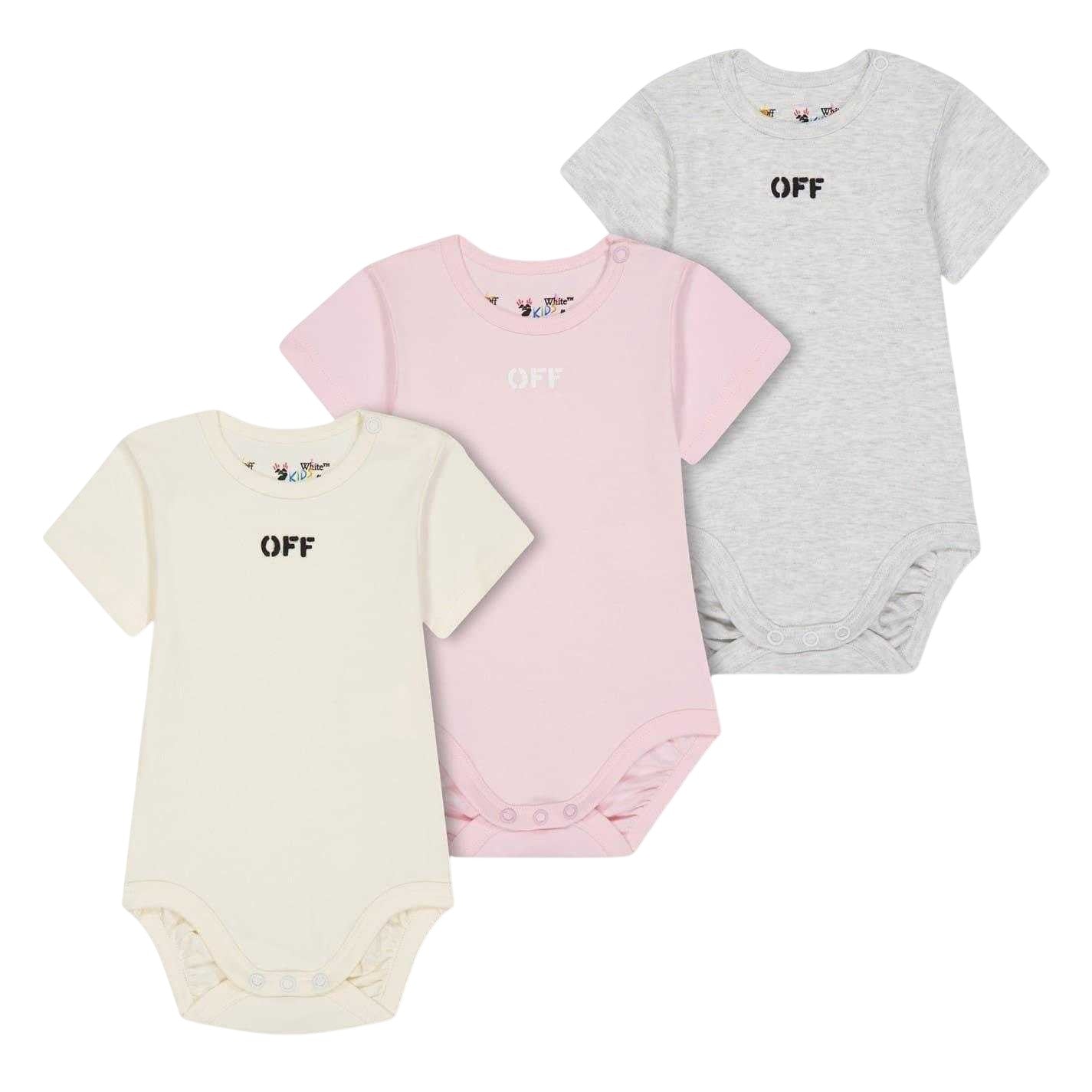 Multicoloured Print - Front - Off White Baby Lettering Crew Neck Bodysuit (Pack of 3)