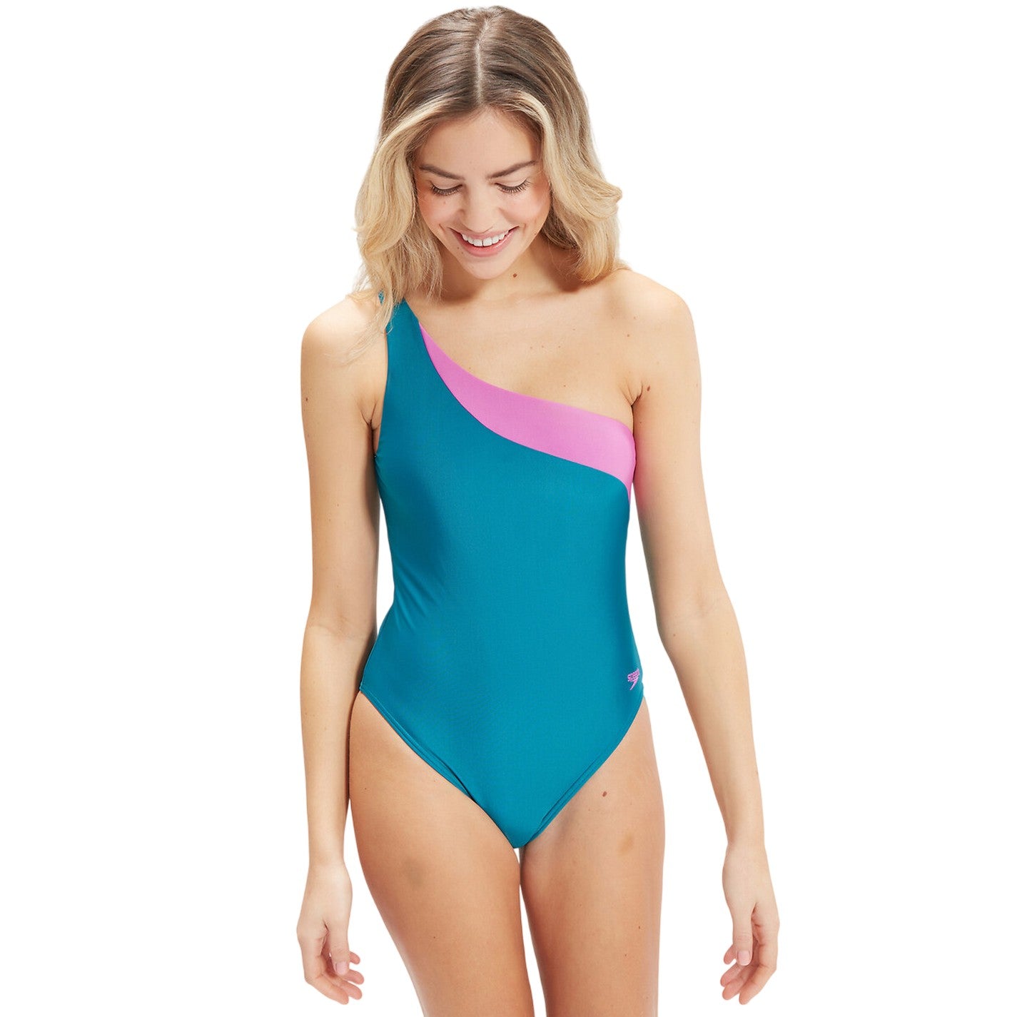 Green-Pink - Side - Speedo Womens-Ladies Asymmetric One Piece Swimsuit