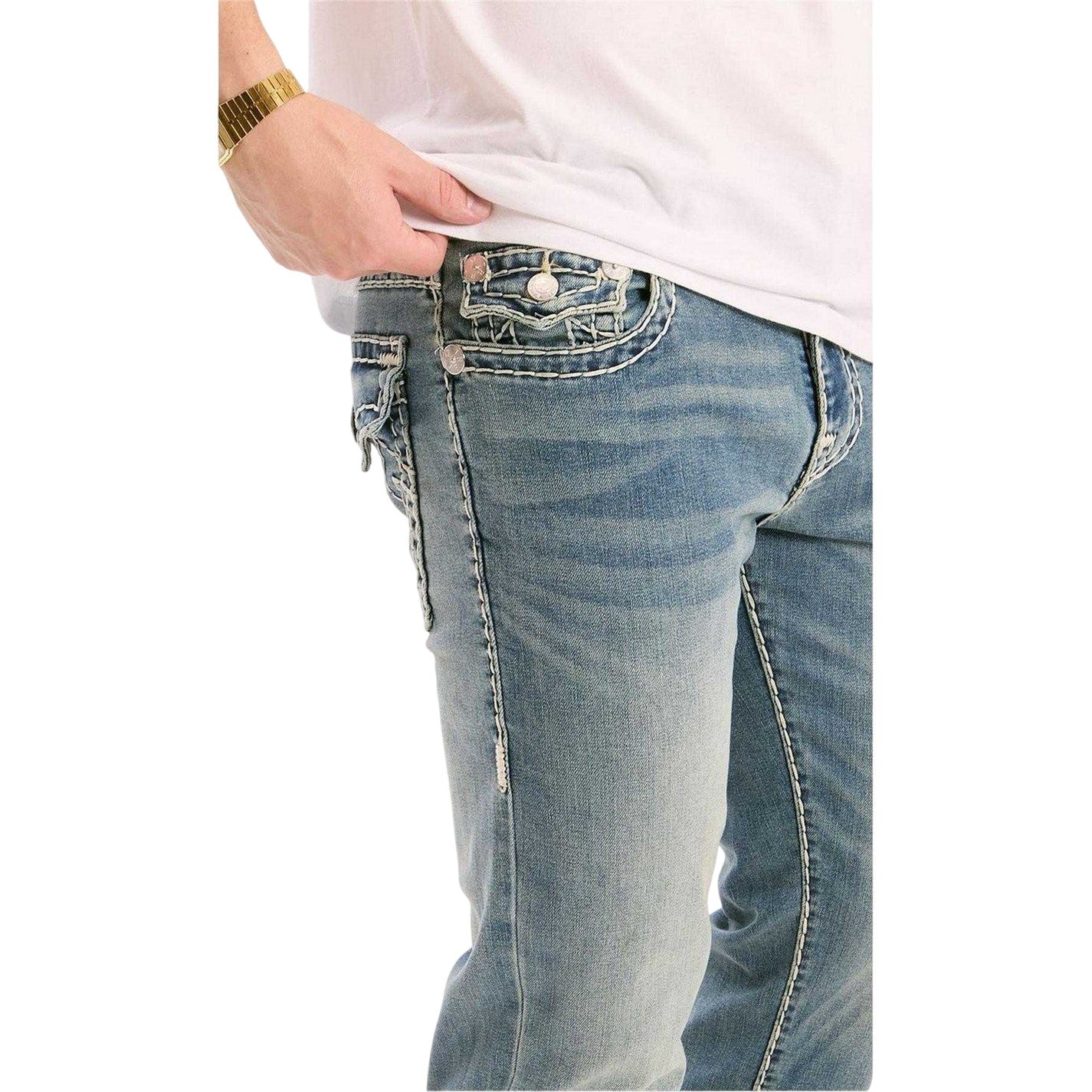 Medium Blue - Side - True Religion Mens Super Denim Straight Leg Jeans