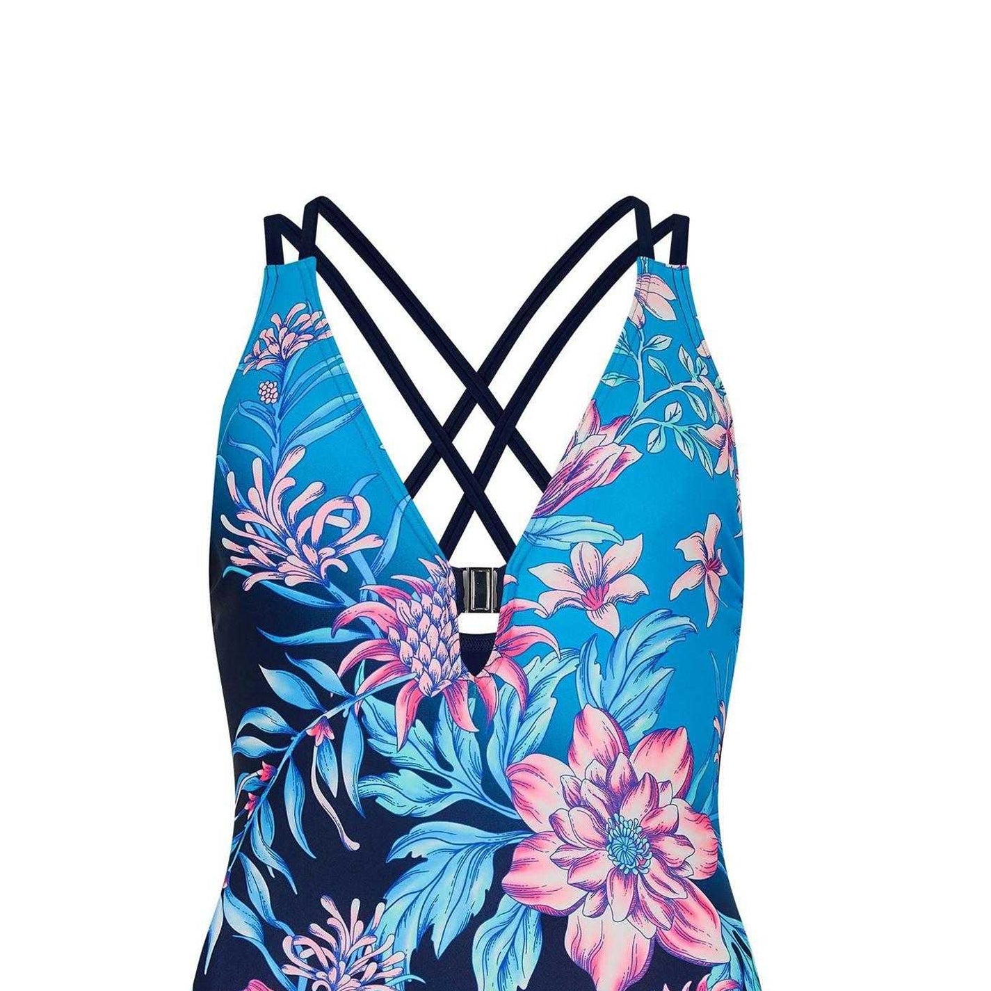 Blue - Side - Zoggs Womens-Ladies Wild Rose Cross Back One Piece Swimsuit