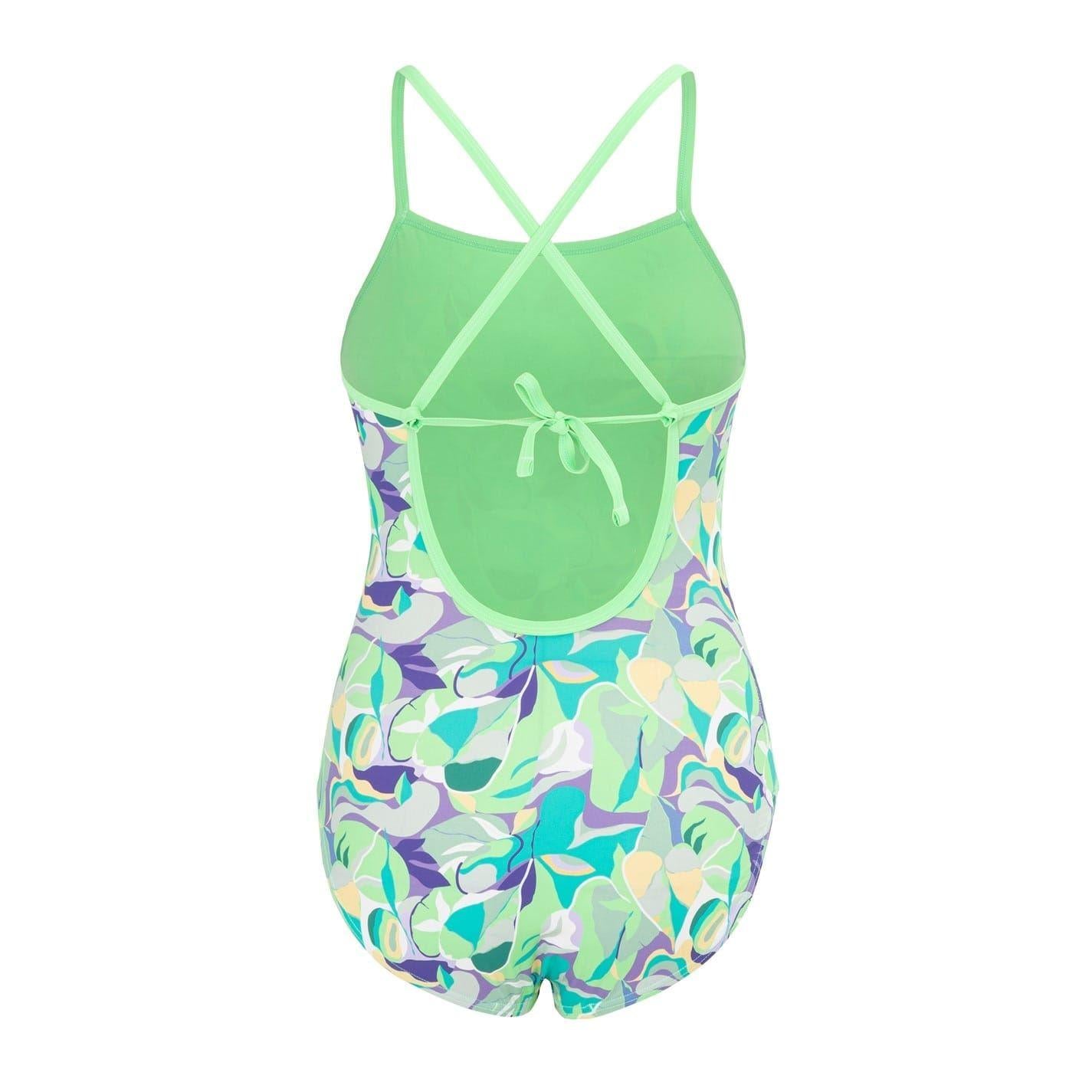 Green - Back - Slazenger Girls Floral Tie Back One Piece Swimsuit