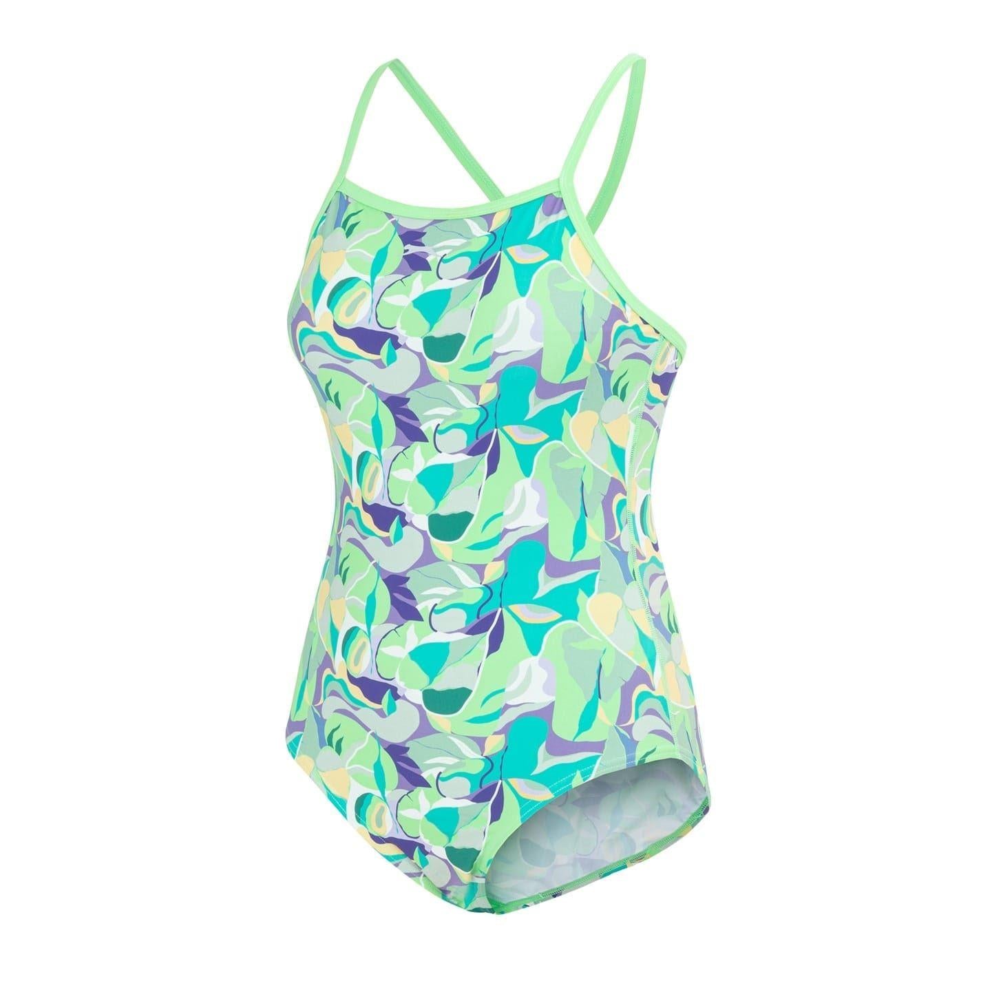 Green - Side - Slazenger Girls Floral Tie Back One Piece Swimsuit