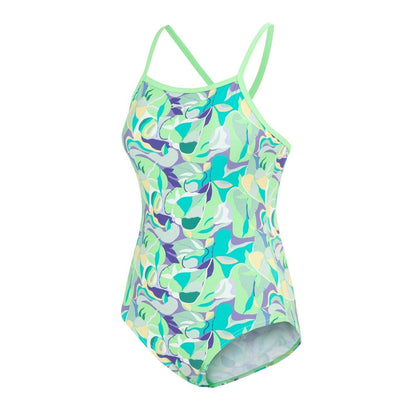 Green - Side - Slazenger Girls Floral Tie Back One Piece Swimsuit