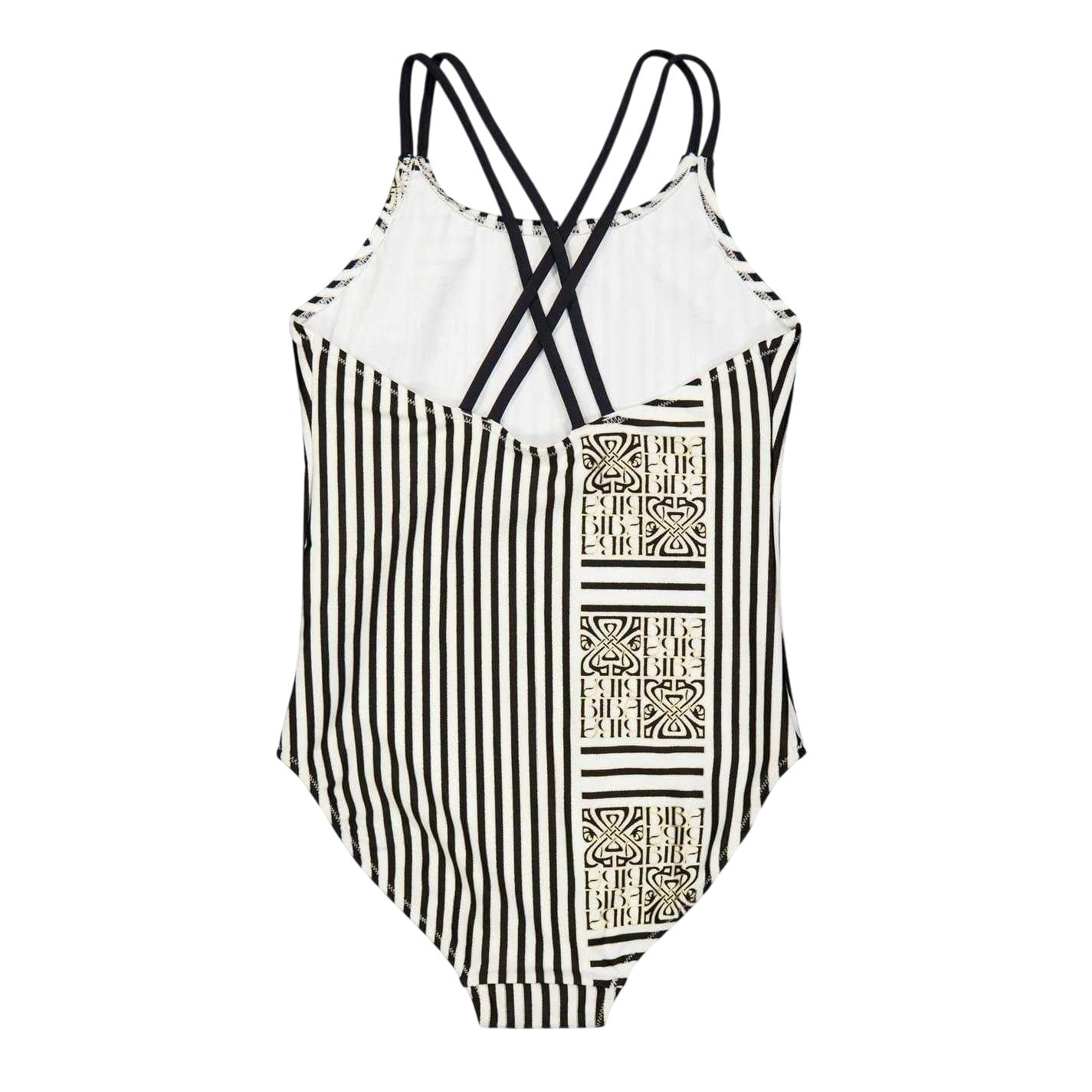 White-Black - Back - Biba Girls Stripe Cross Back One Piece Swimsuit
