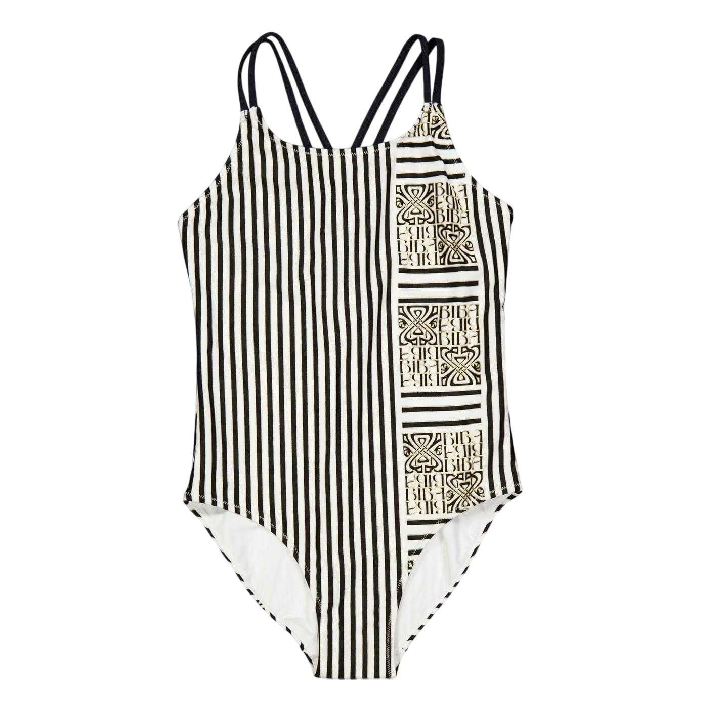 White-Black - Front - Biba Girls Stripe Cross Back One Piece Swimsuit