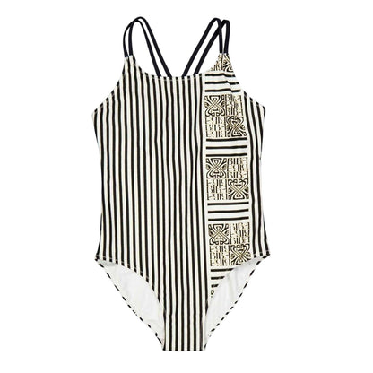 White-Black - Front - Biba Girls Stripe Cross Back One Piece Swimsuit