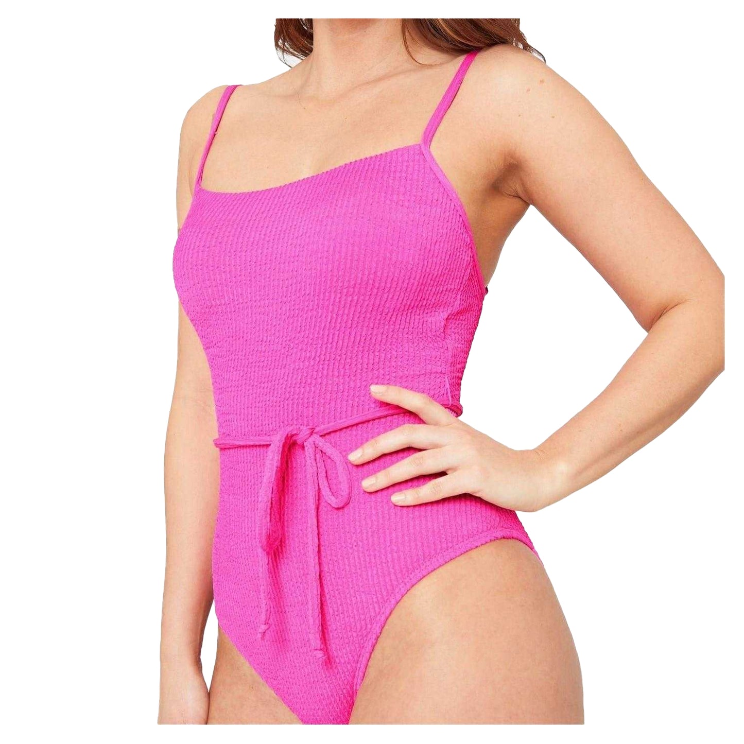 Pink - Side - Be You Womens-Ladies Textured Belted One Piece Swimsuit