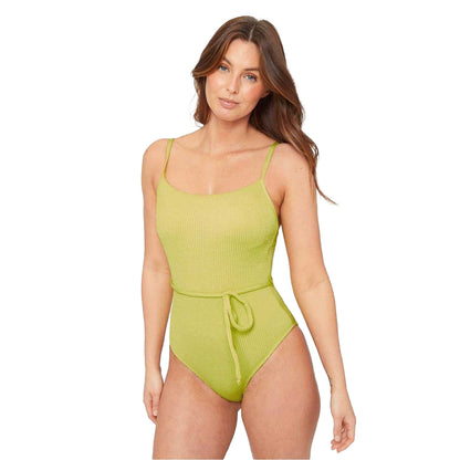 Lime - Front - Be You Womens-Ladies Textured Belted One Piece Swimsuit