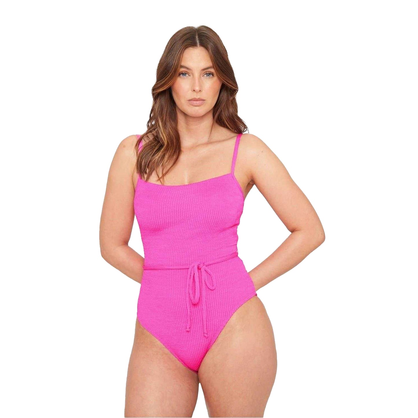 Pink - Front - Be You Womens-Ladies Textured Belted One Piece Swimsuit
