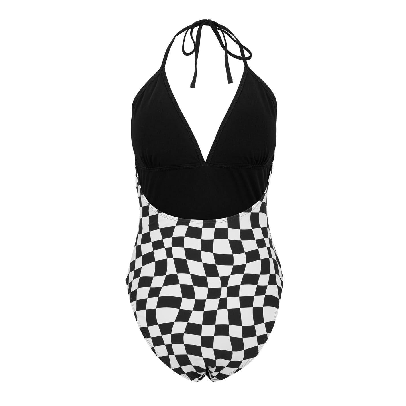 Black Check - Back - SoulCal Womens-Ladies Checkered Halter Neck One Piece Swimsuit