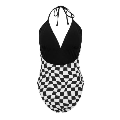 Black Check - Back - SoulCal Womens-Ladies Checkered Halter Neck One Piece Swimsuit