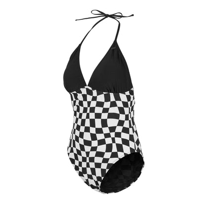 Black Check - Side - SoulCal Womens-Ladies Checkered Halter Neck One Piece Swimsuit