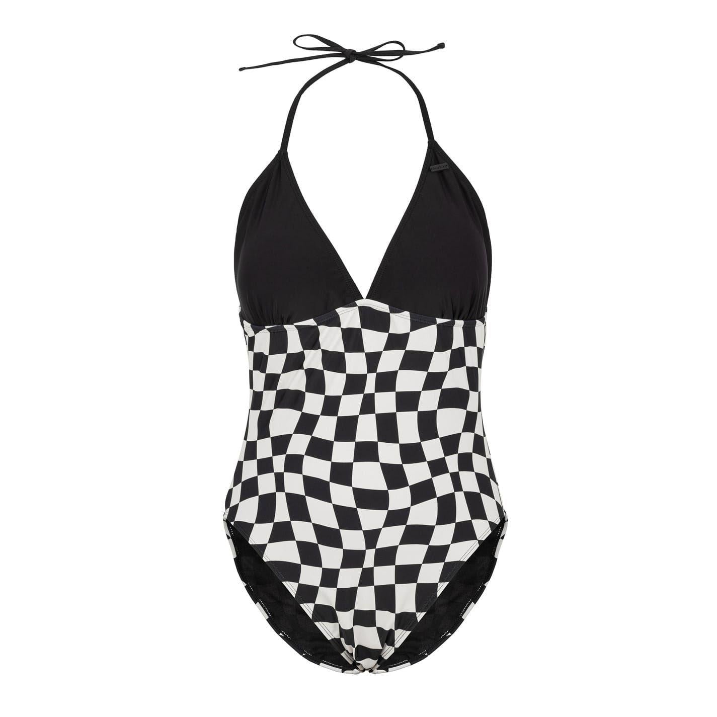 Black Check - Front - SoulCal Womens-Ladies Checkered Halter Neck One Piece Swimsuit