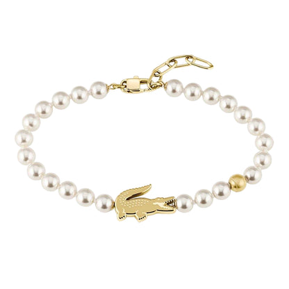 White - Front - Lacoste Mens Gold Ion Plated Pearl Bracelet