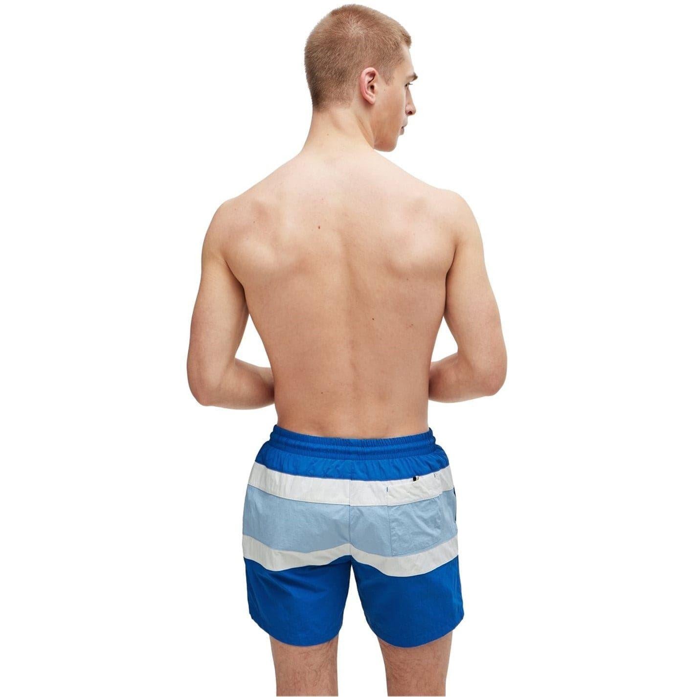 Medium Blue - Back - Boss Mens Rico Stripe Swim Shorts