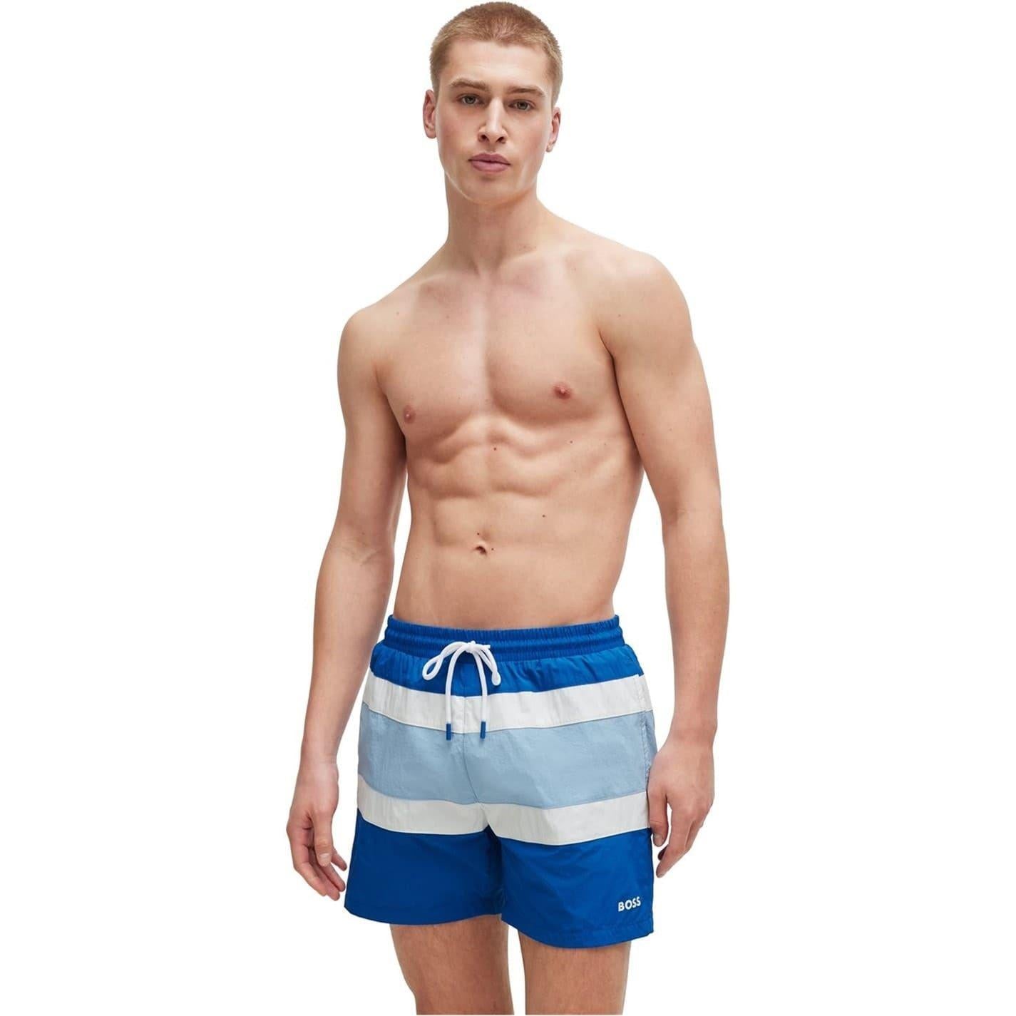 Medium Blue - Side - Boss Mens Rico Stripe Swim Shorts
