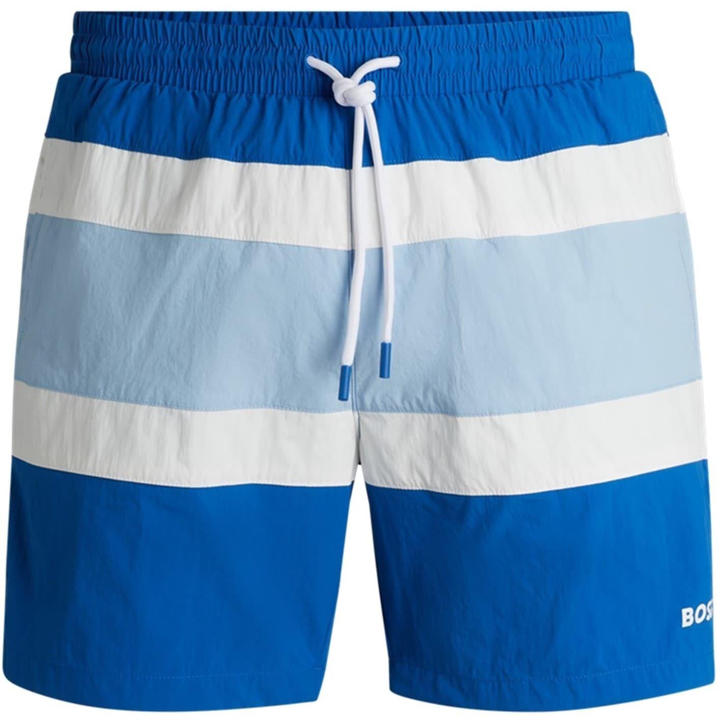 Medium Blue - Front - Boss Mens Rico Stripe Swim Shorts