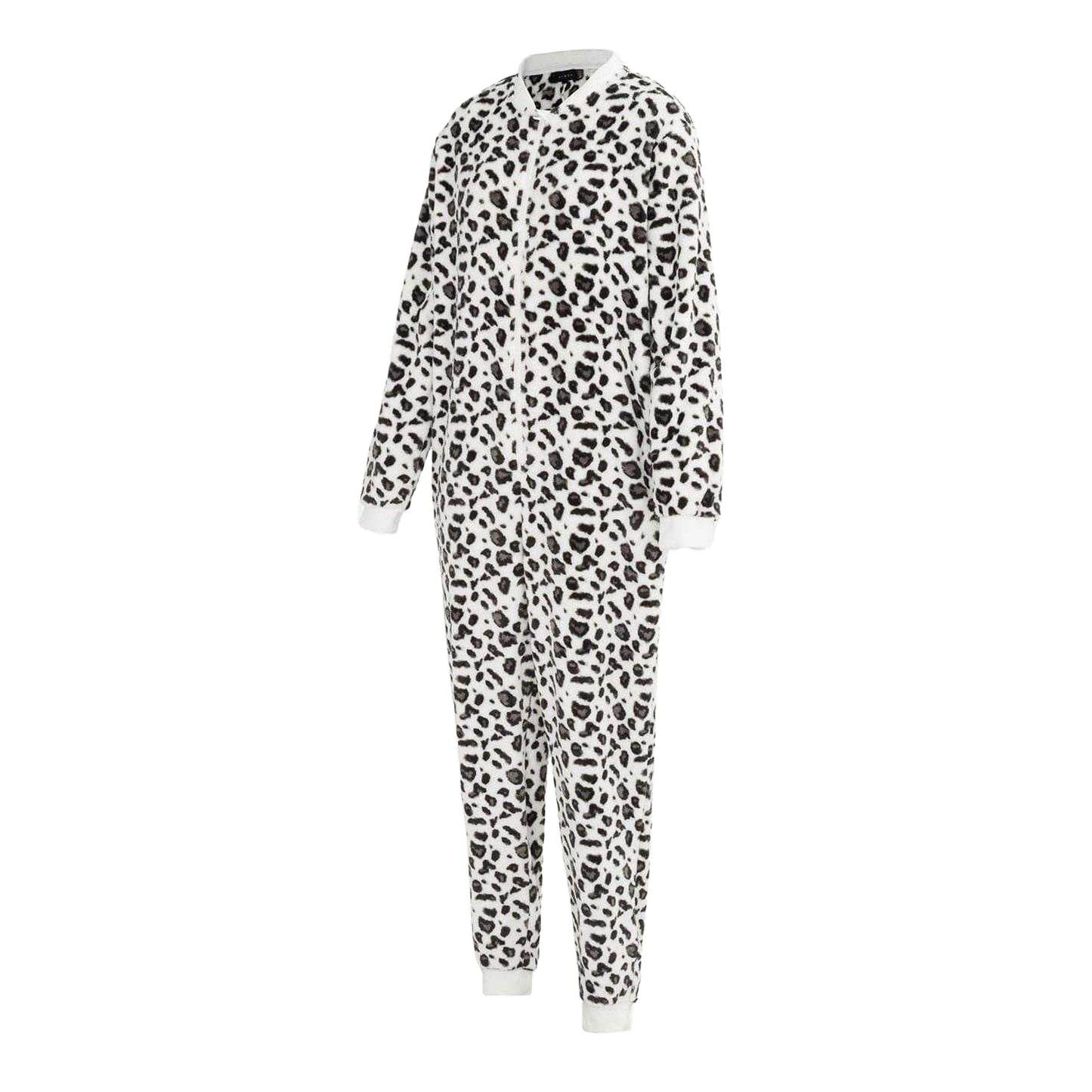 Black-White - Side - Linea Womens-Ladies Leopard Print Fleece All-In-One Nightwear