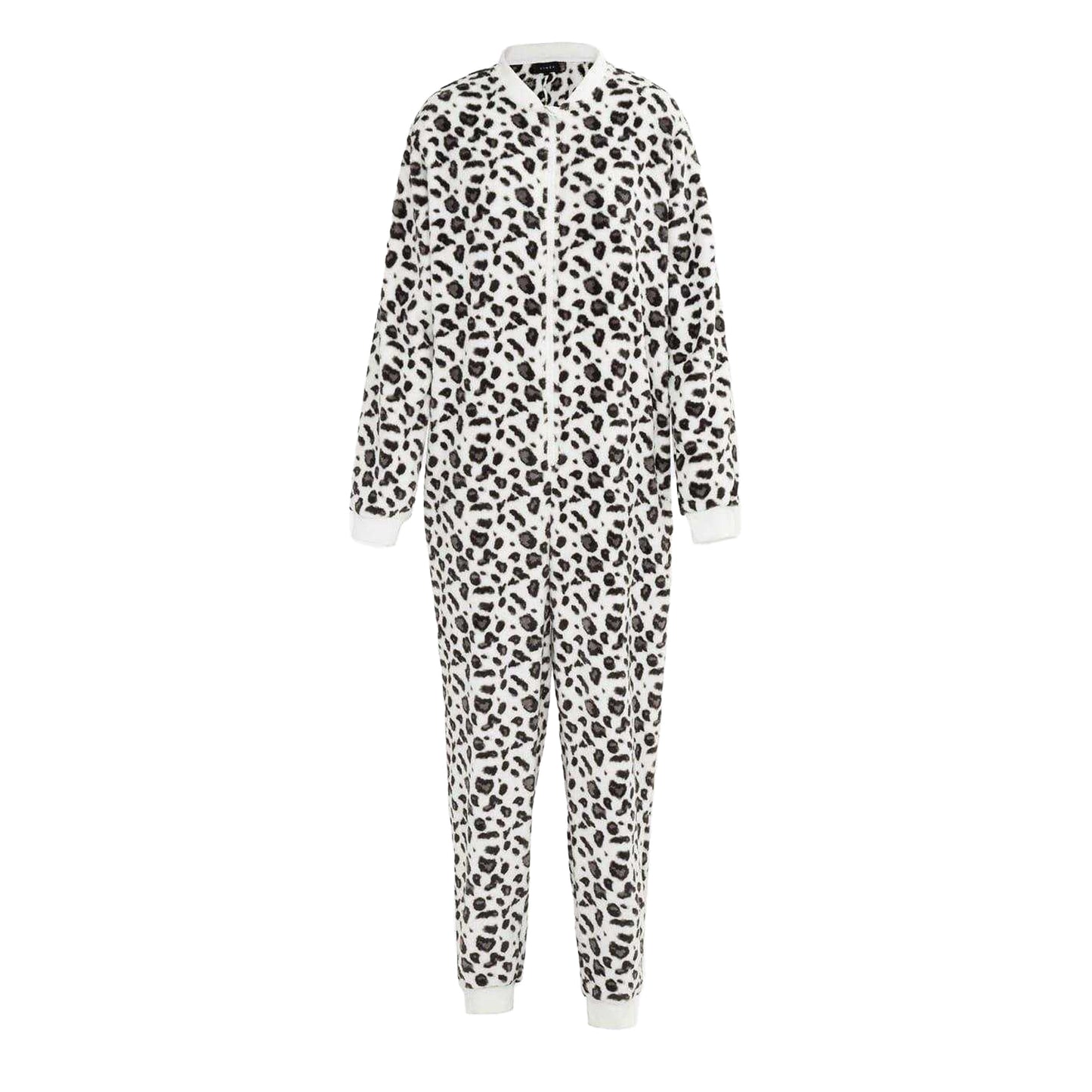 Black-White - Front - Linea Womens-Ladies Leopard Print Fleece All-In-One Nightwear