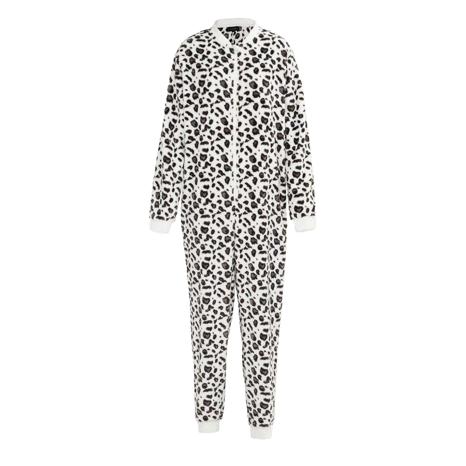 Black-White - Front - Linea Womens-Ladies Leopard Print Fleece All-In-One Nightwear