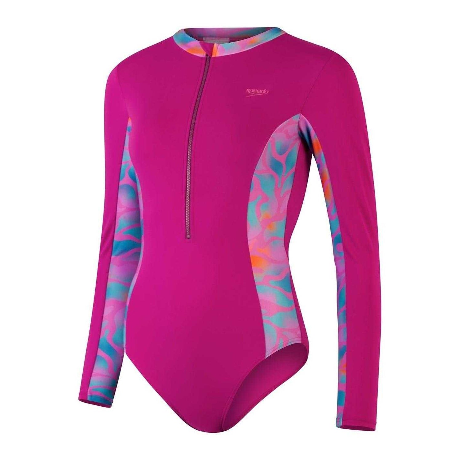 Purple-Orange - Front - Speedo Womens-Ladies Marble Rash Guard Swimsuit