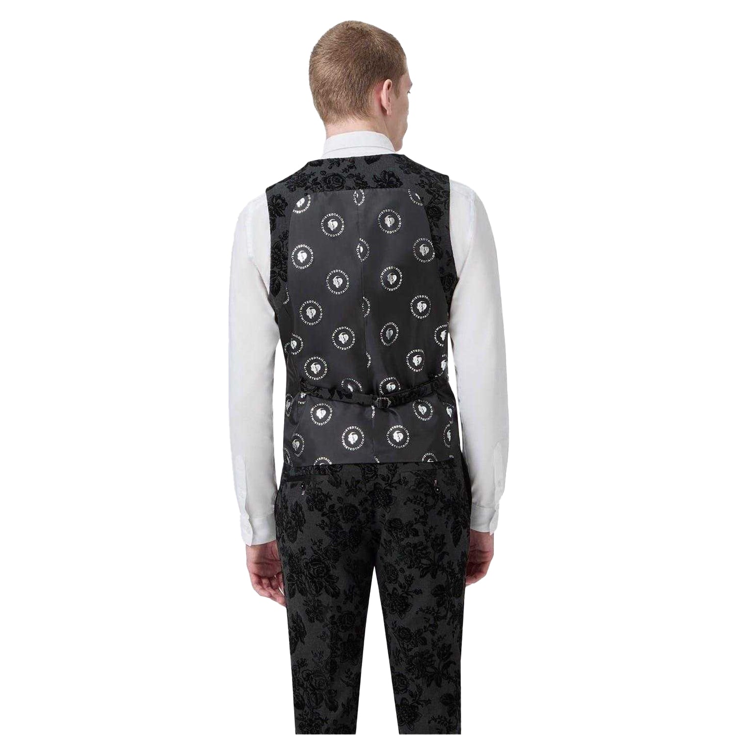 Charcoal - Back - Twisted Tailor Mens Floral Embroidery Wool Blend Skinny Waistcoat
