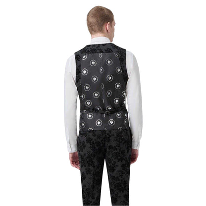 Charcoal - Back - Twisted Tailor Mens Floral Embroidery Wool Blend Skinny Waistcoat
