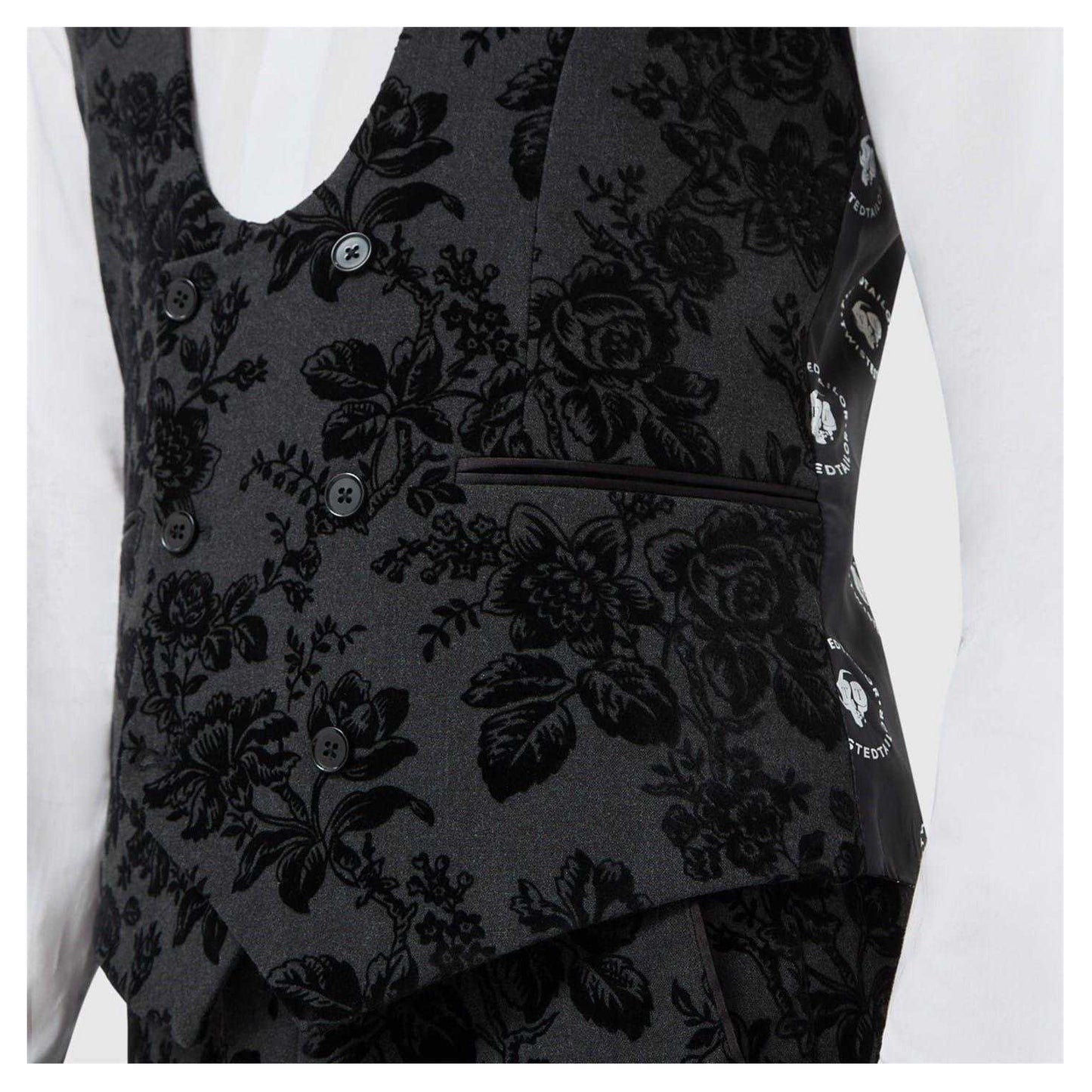 Charcoal - Side - Twisted Tailor Mens Floral Embroidery Wool Blend Skinny Waistcoat
