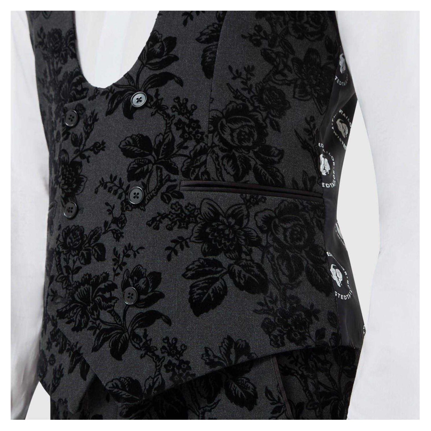 Charcoal - Side - Twisted Tailor Mens Floral Embroidery Wool Blend Skinny Waistcoat