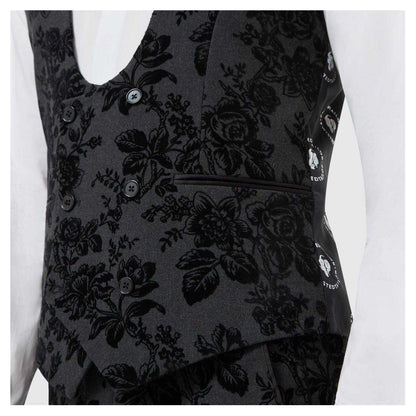 Charcoal - Side - Twisted Tailor Mens Floral Embroidery Wool Blend Skinny Waistcoat