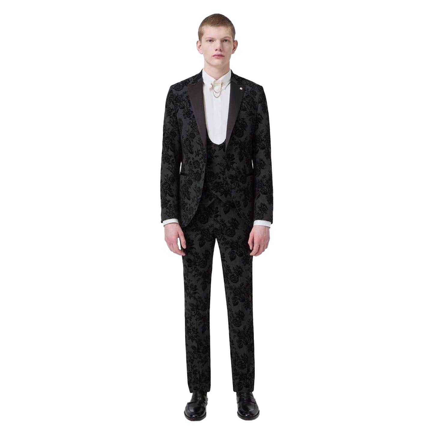 Charcoal - Lifestyle - Twisted Tailor Mens Floral Embroidery Wool Blend Skinny Waistcoat