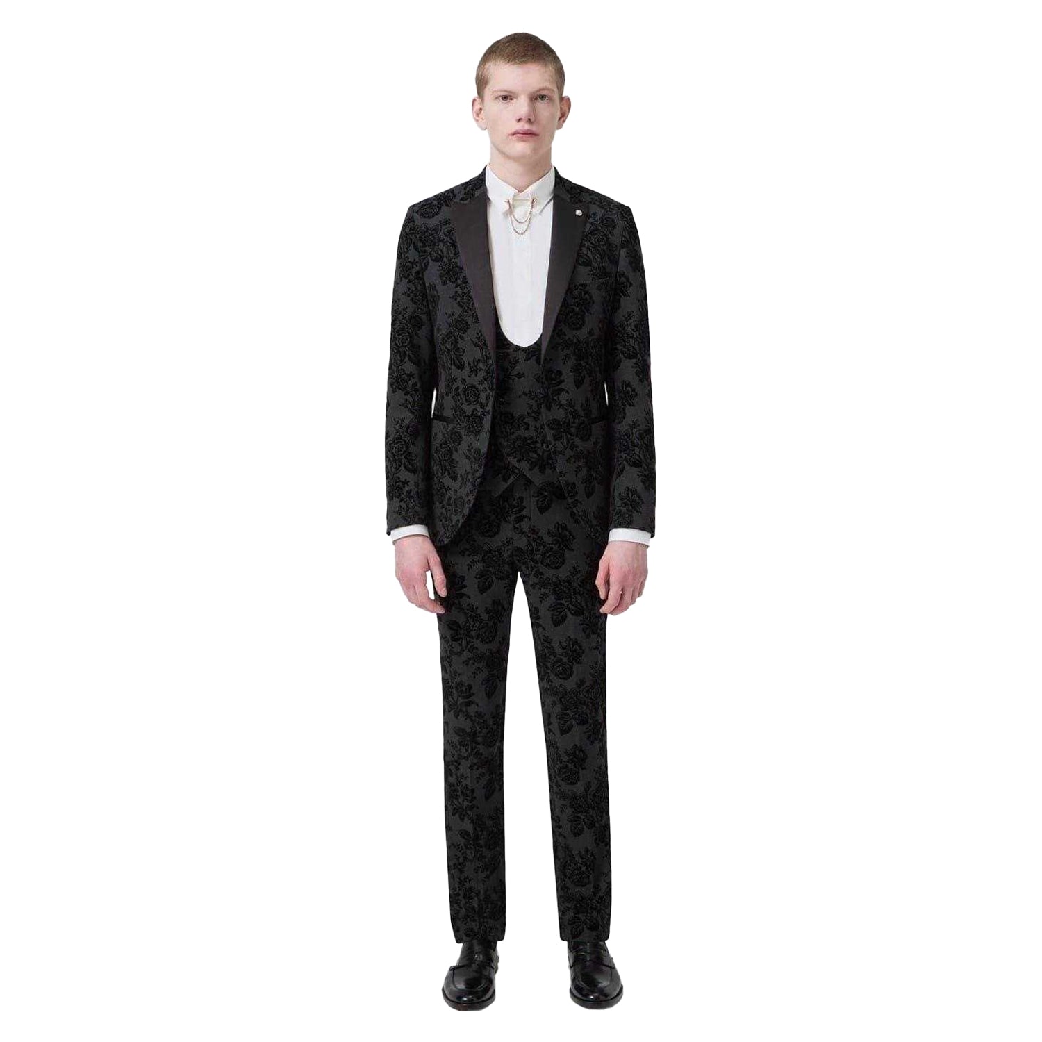 Charcoal - Lifestyle - Twisted Tailor Mens Floral Embroidery Wool Blend Skinny Waistcoat