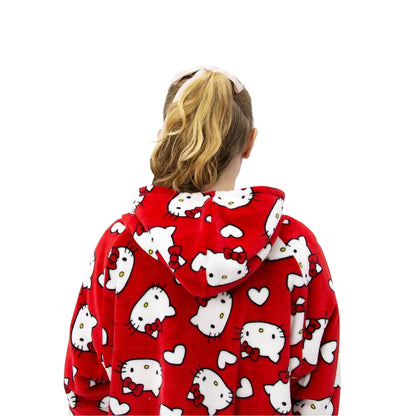 Red - Back - Hello Kitty Childrens-Kids Lovehearts Fleece Blanket Hoodie