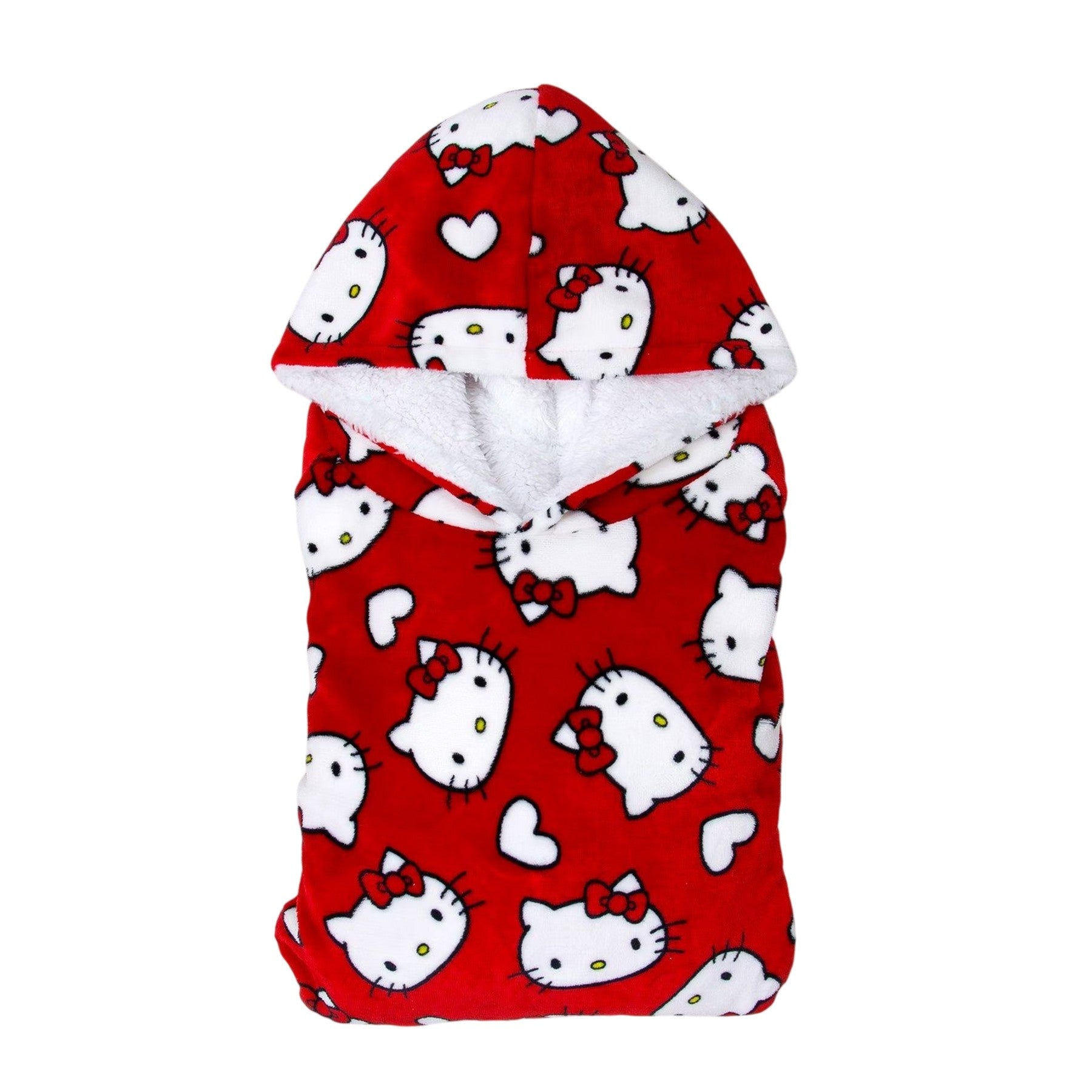 Red - Side - Hello Kitty Childrens-Kids Lovehearts Fleece Blanket Hoodie
