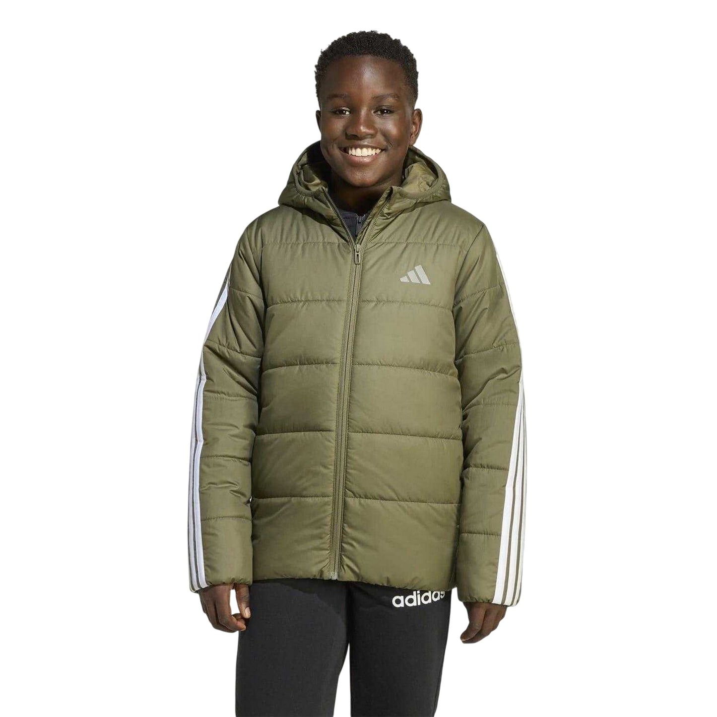 Khaki - Side - Adidas Childrens-Kids Essentials 3 Stripes Hooded Jacket