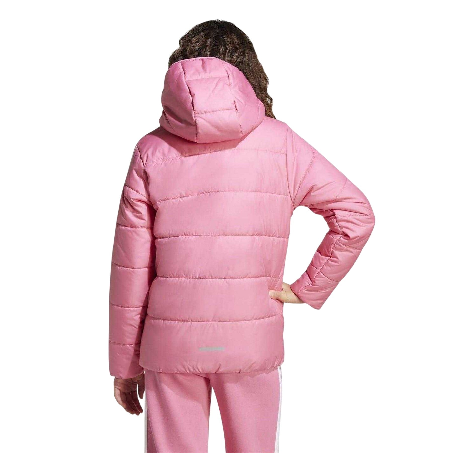 Pink-White - Back - Adidas Childrens-Kids Essentials 3 Stripes Hooded Jacket